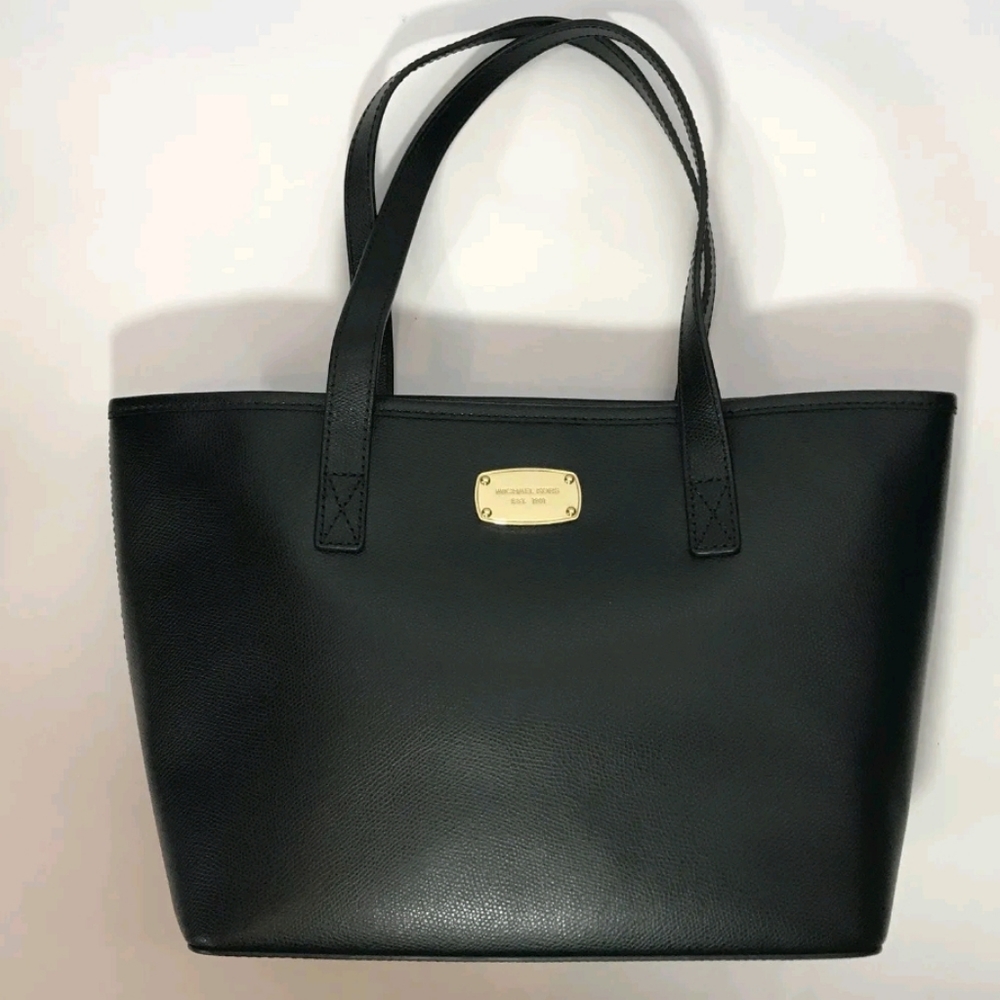Michael Kors Black Leather Tote with Gold Plaque